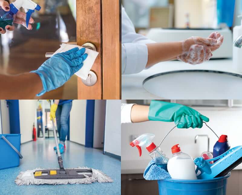 Cleaning door handles, washing hands, mopping floors, cleaning products.