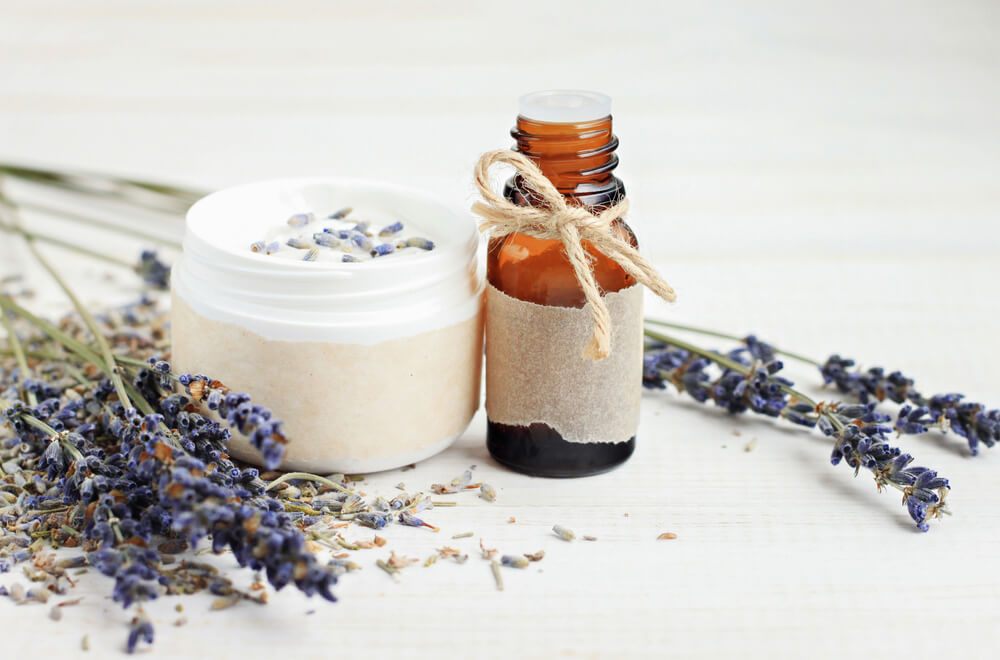 skin care products and dried lavender